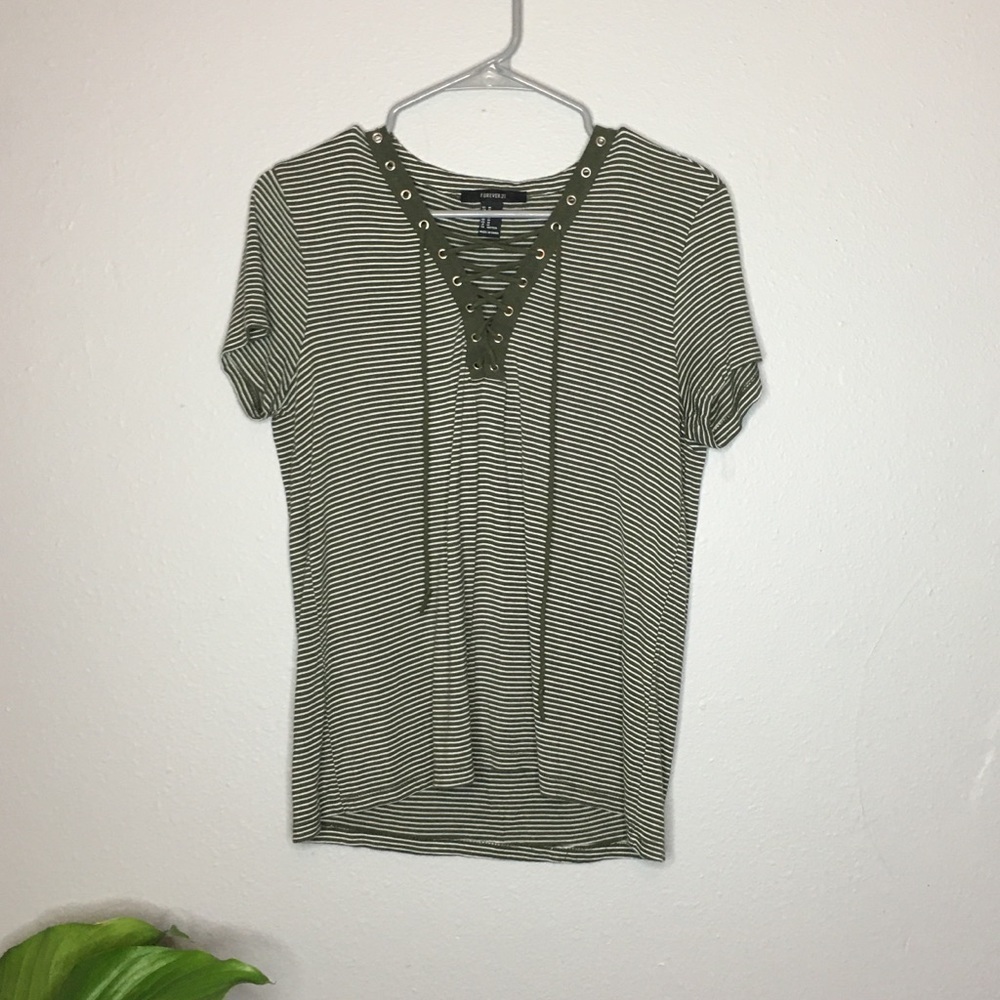 Forever 21 Green & White Striped Top